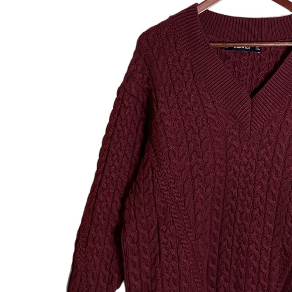 Zara Burgundy Oversized Chunky Cable Knit Sweater V Neck Small - Picture 5 of 14